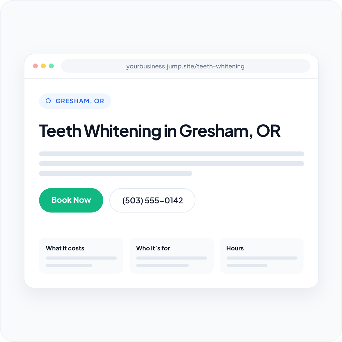 Illustration of a service page showing the service name, a description, and a linked call to action